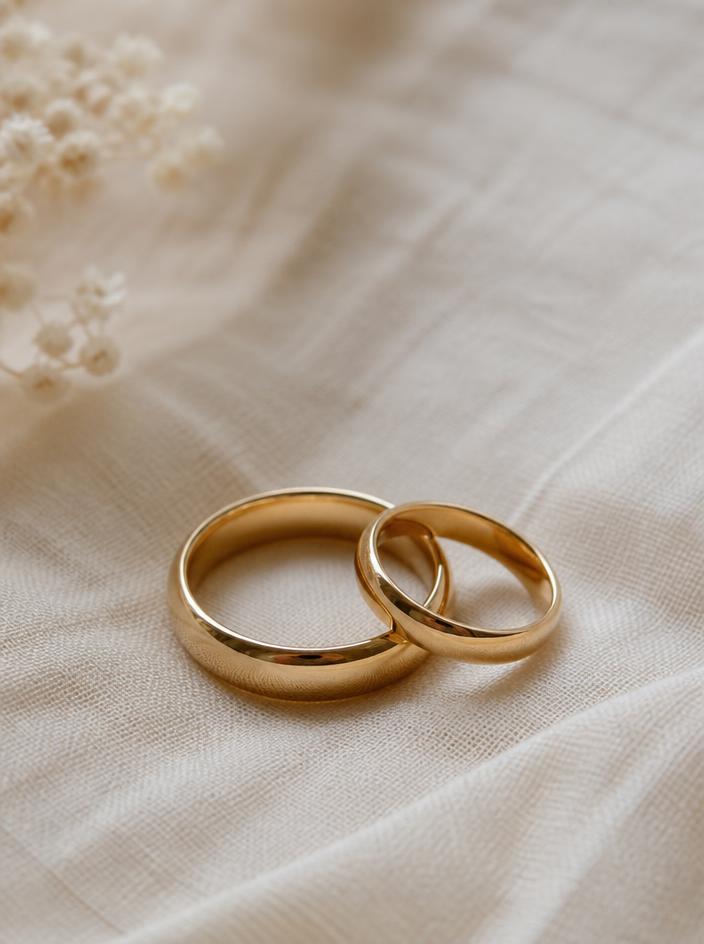 Two gold wedding rings on linen cloth
